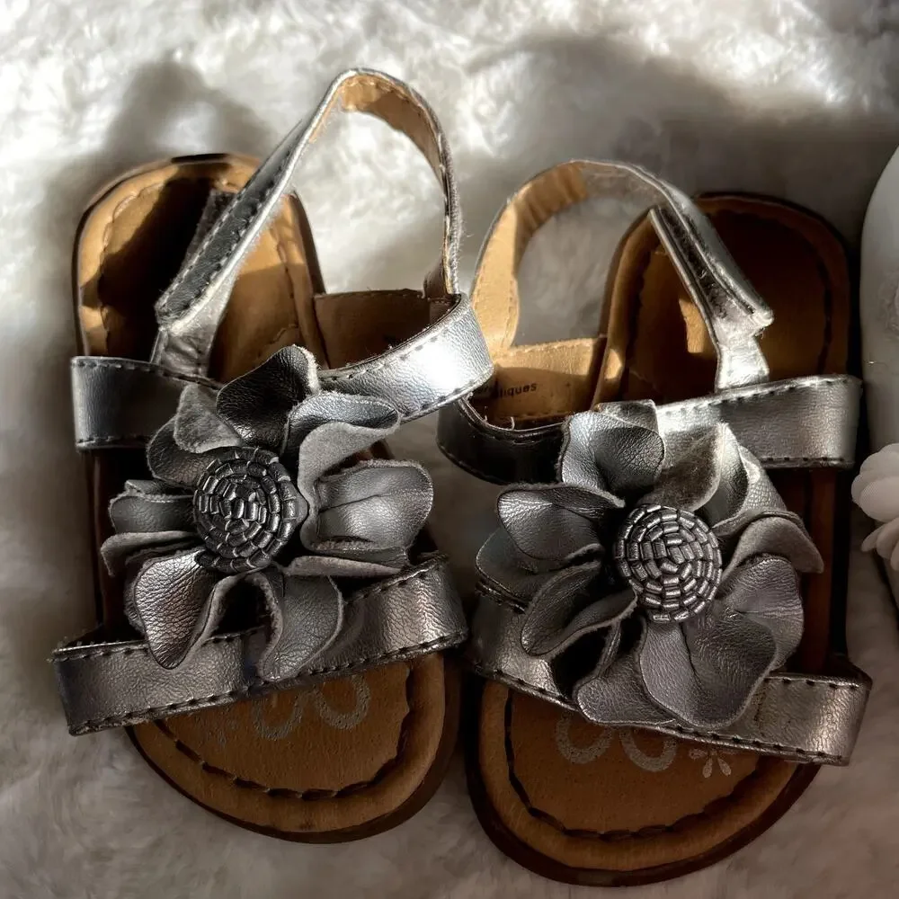 SKU 1469 2 Pair Infant Size 4 Shoes Oshkosh Silver Sandals & White Mary Janes